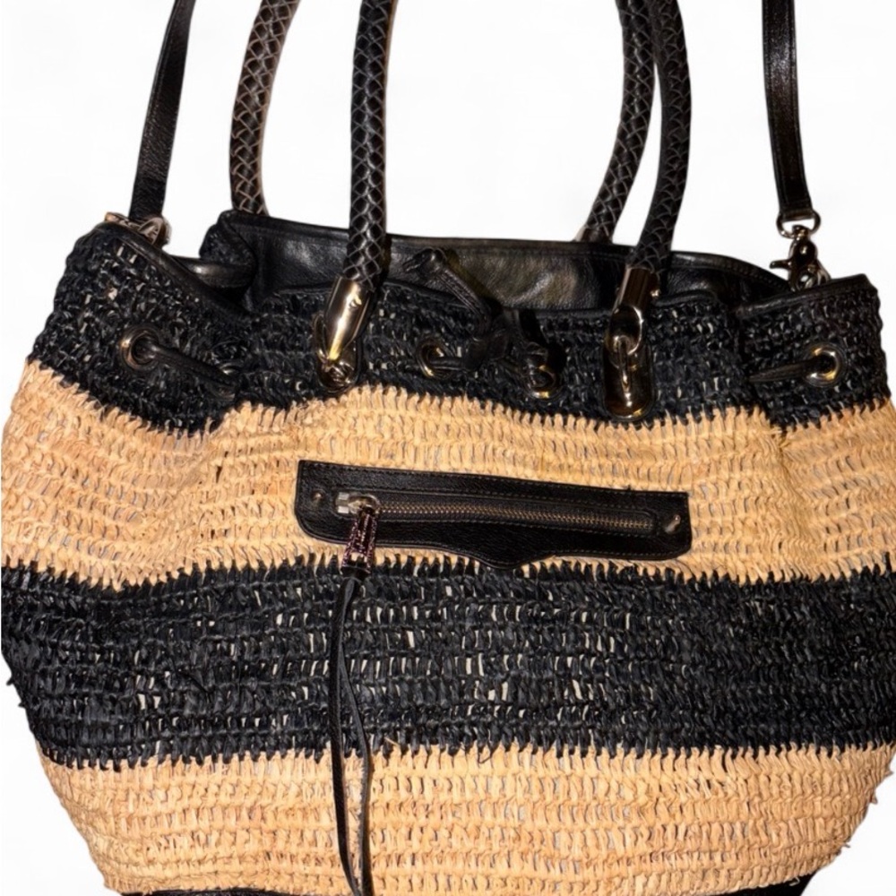 Rebecca Minkoff Straw Leather Satchel Black Tan Summer bag - Picture 2 of 7